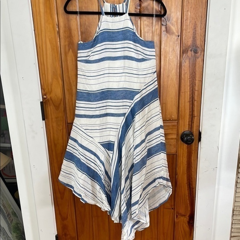 Francesca’s Blue and White Striped Cotton Halter Tank Dress XS Handkerchief Hem